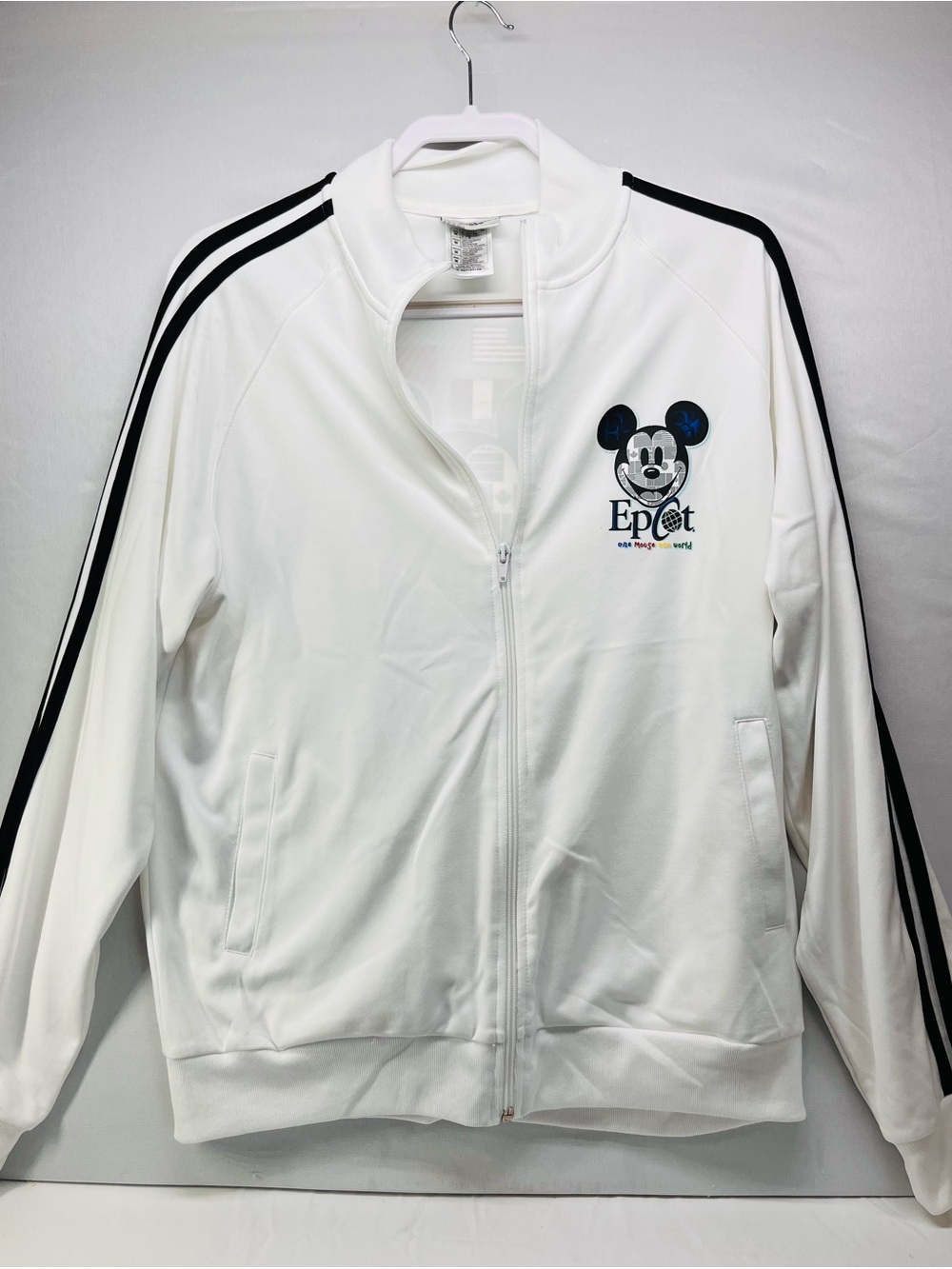 Disney White Track Jacket with Black Stripes and Mickey Epcot Patch